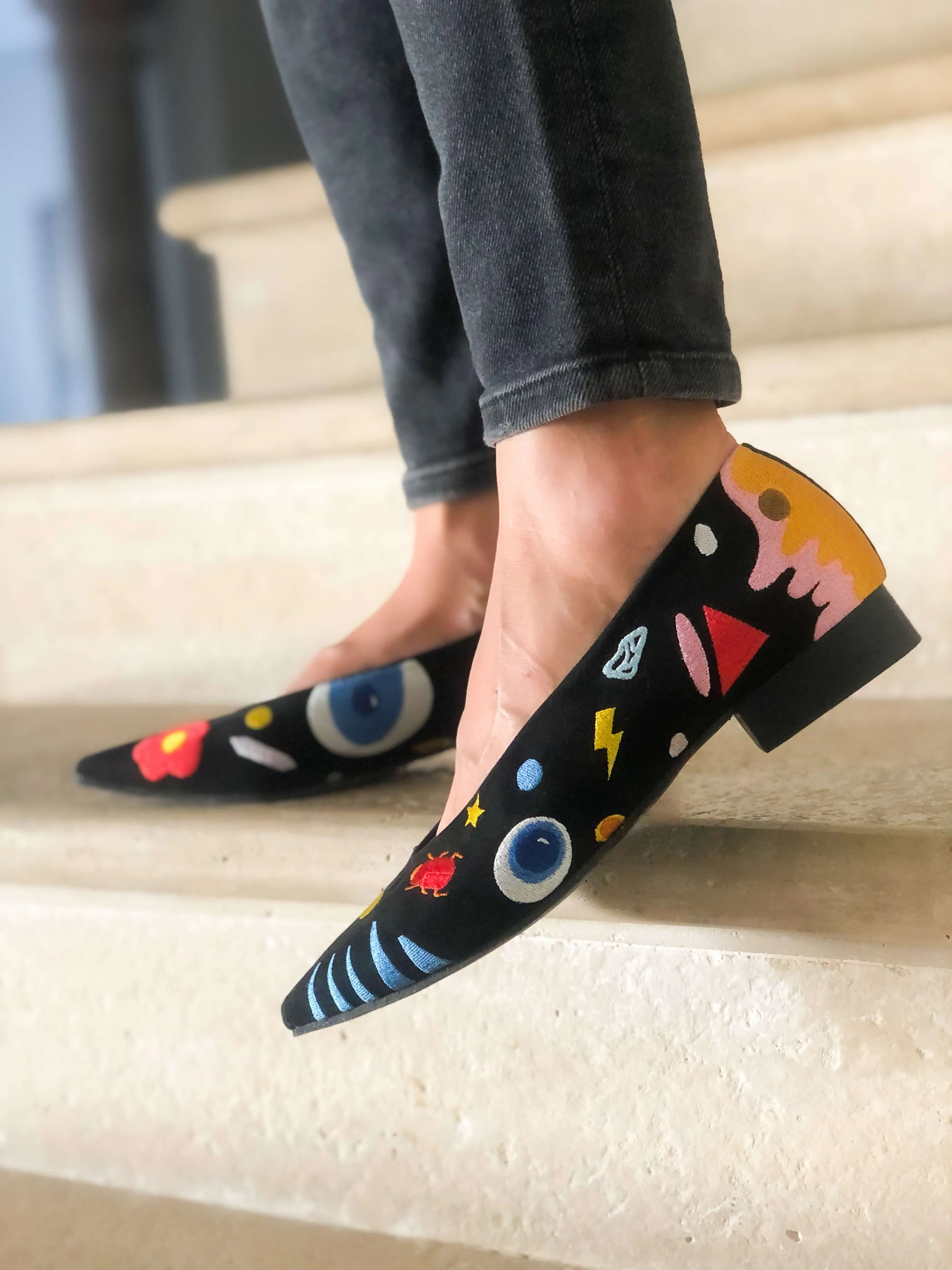 A New Universe Vegan Embroidered Eco Suede Ballerinas | Black