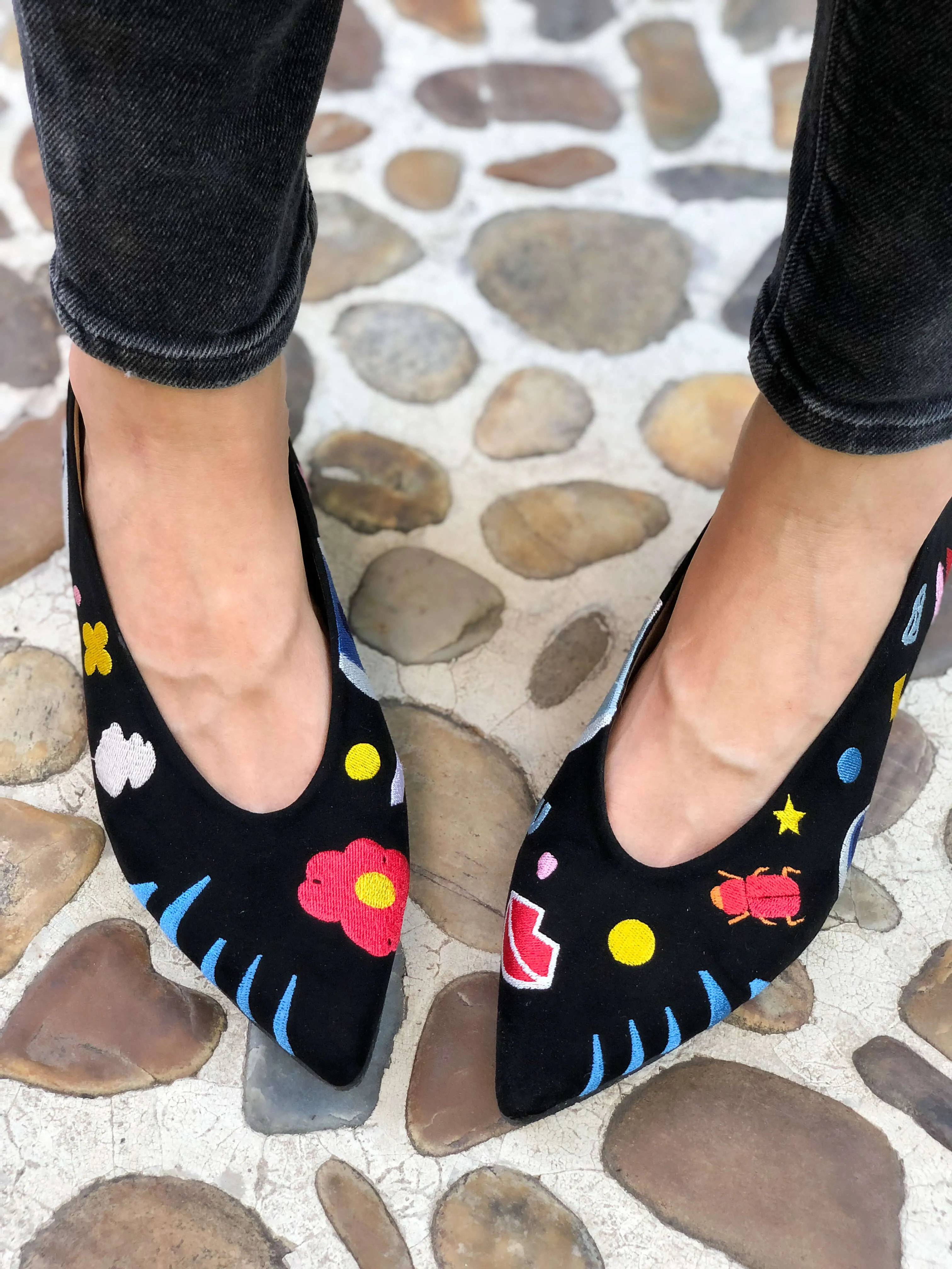 A New Universe Vegan Embroidered Eco Suede Ballerinas | Black