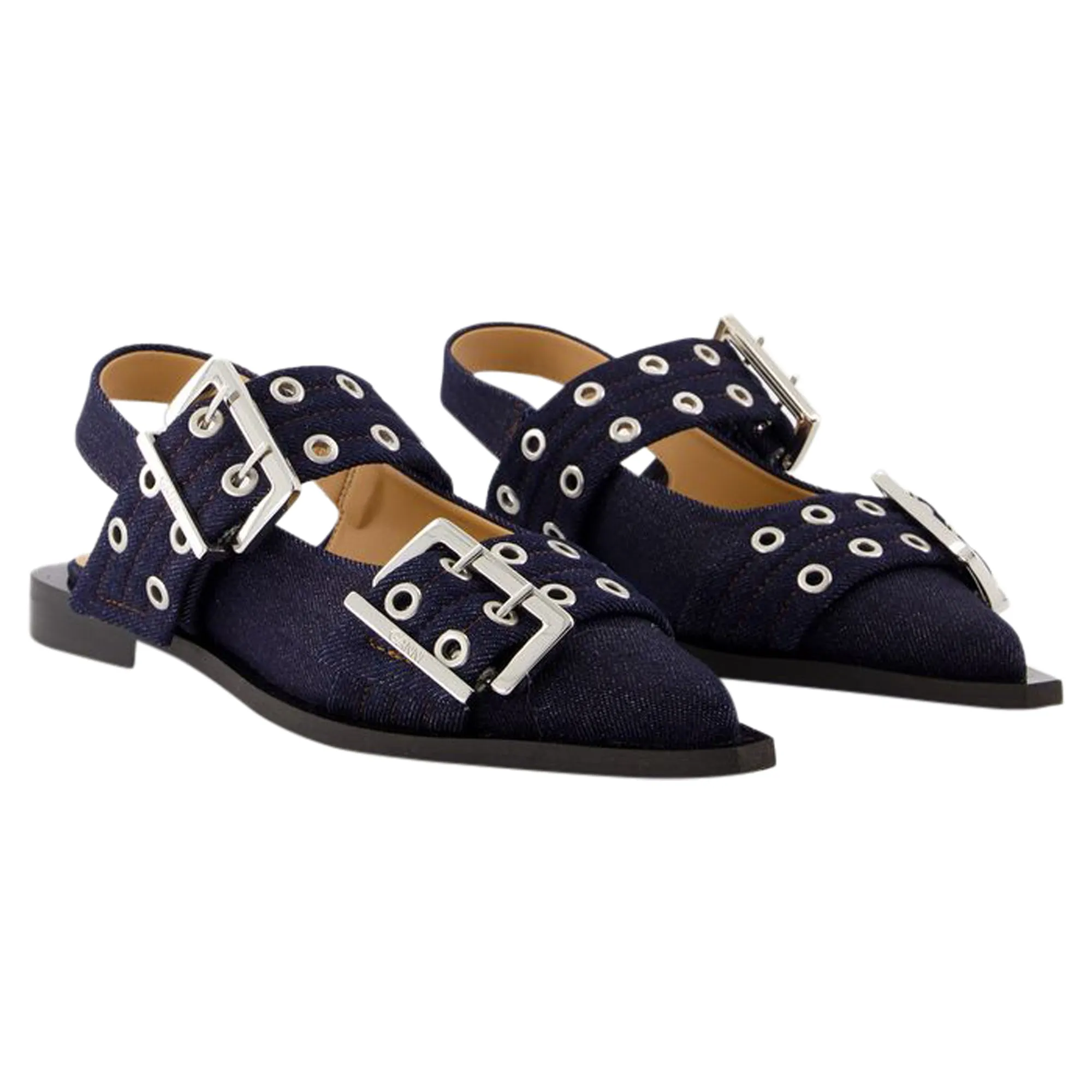 Feminine Buckle Ballerinas - Ganni - Cotton - Blue