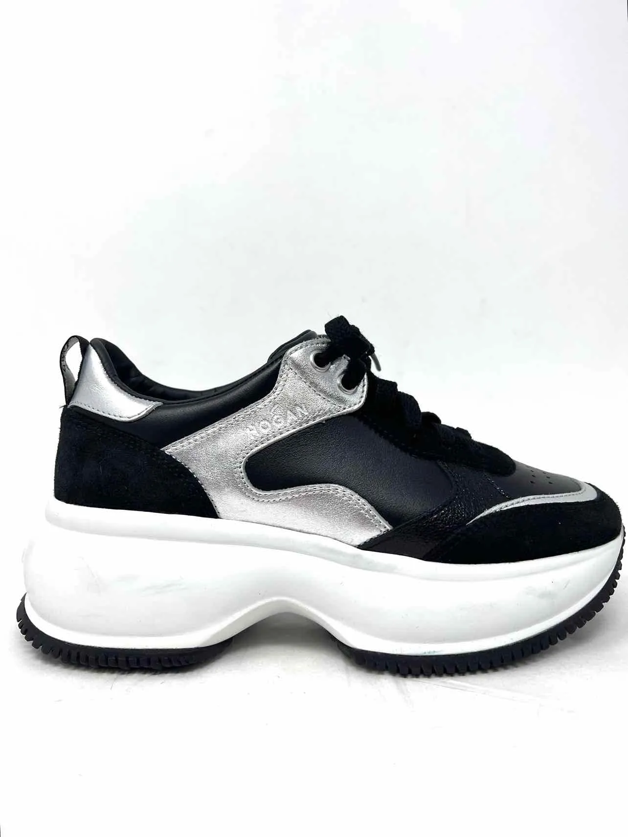 Hogan Size 6 Black/Silver Color Block Lace-Up Designer Sneakers