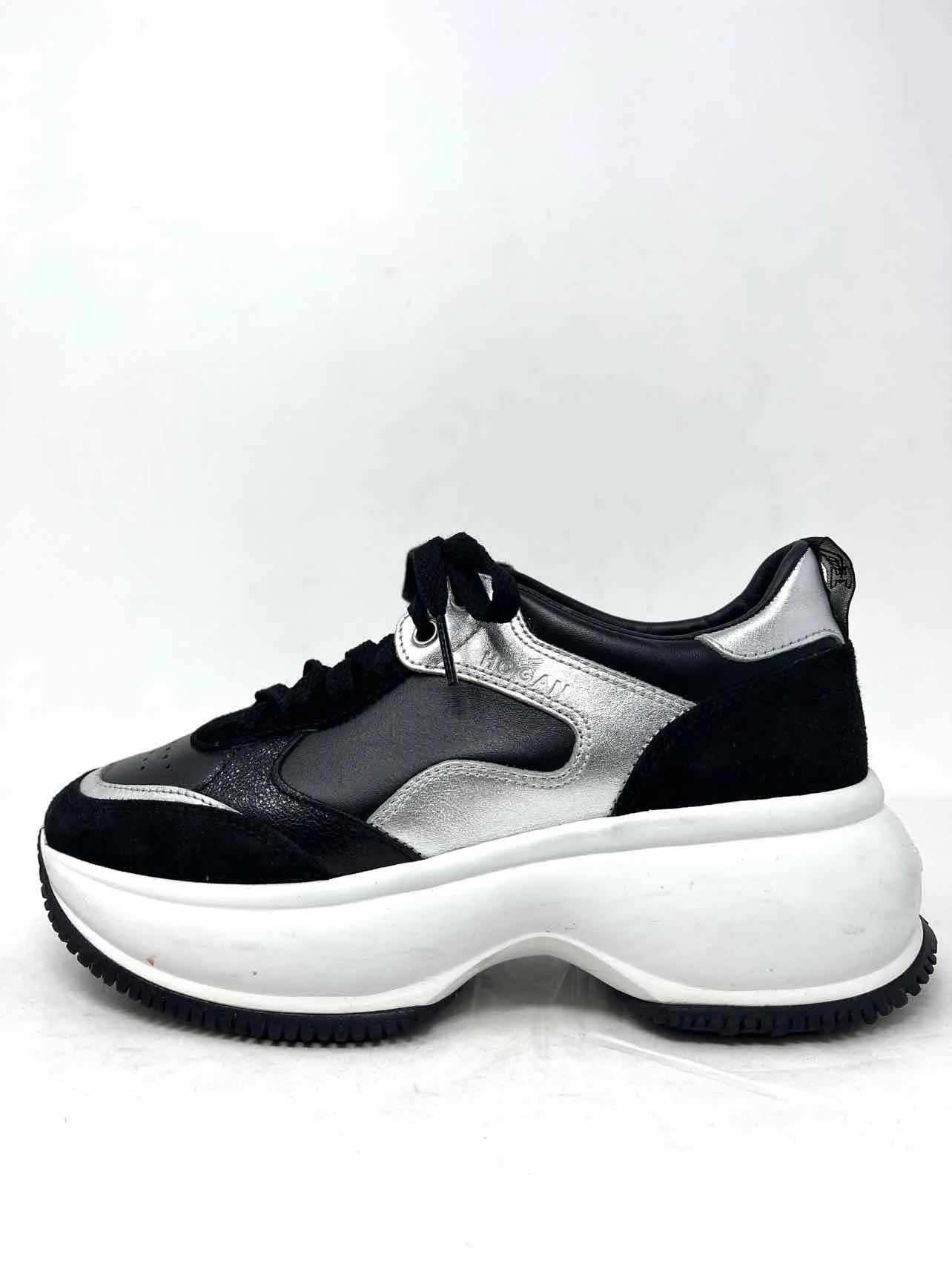 Hogan Size 6 Black/Silver Color Block Lace-Up Designer Sneakers